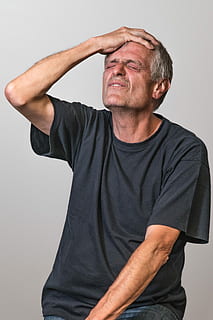 head, man, hand, scared, desperate, face, portrait, men, hair, studio shot, front view, one person, casual clothing, gray background, indoors, mature men, gray, males, mature adult, waist up, standing, adult, t-shirt, emotion, white background, human arm, arms raised, 2K, CC0, public domain, royalty free