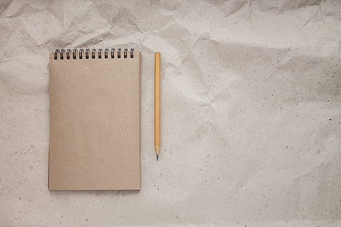 brown, notebook, beside, pencil, the note, record, write, diary, album, open notebook, page, office, blank page, paper, stationery, copy space, no people, indoors, blank, directly above, still life, high angle view, studio shot, close-up, note pad, flooring, table, beige, antique, gray, concrete, 4K, CC0, public domain, royalty free