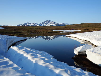 vulkan, sø, flod, afspejling, bjerge, landskab, natur, Kamchatka, vand, sne, vinter, åbent rum, is, snefnug, ro, skyer, kold temperatur, bjerg, scenics - natur, himmel, miljø, rolig scene, skønhed i naturen, bjergkæde, blå, hvid farve, snedækket bjerg, ingen mennesker, bjergtop, udendørs, smeltning, 1080P, CC0, offentligt domæne, royaltyfrie