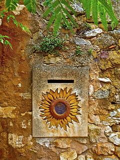 letterbox, parete, casella postale, cassetta postale, retrò, metallo, vecchio, postale, tradizionale, nessuno, pianta, caratteristica della parete, giorno, avvicinamento, architettura, natura, muro di pietra, modello, strutturato, struttura costruita, solido, albero, all'aperto, materiale lapideo, crescita, arte e artigianato, Inquadratura dal basso, intaglio, 4K, CC0, dominio pubblico, privo di copyright