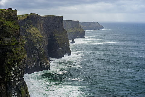 brown, green, mountains, ocean, day time, green mountains, day, time, black, blue, cliffs, gray, rocks, sea, cliff, nature, cliffs of Moher, rock - Object, coastline, scenics, landscape, atlantic Ocean, county Clare, outdoors, water, beach, beauty in nature, scenics - nature, rock, rock formation, sky, solid, tranquil scene, land, tranquility, no people, non-urban scene, idyllic, mountain, horizon over water, formation, eroded, rocky coastline, 2K