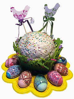 Cake, Easter, Eggs, Holiday, easter cake, easter, eggs, christ is risen, food, spring, sunday, easter baking, white background, easter egg, studio shot, no people, flower, celebration, indoors, egg, decoration, still life, multi colored, art and craft, food and drink, close-up, plant, pattern, representation, 2K, CC0, public domain, royalty free