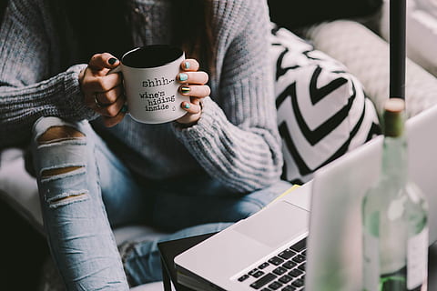 girl drinking wine, mug, Girl, drinking, wine, female, woman, resting, relaxing, time, young, funny, skinny, coffee - Drink, women, cup, people, drink, one Person, coffee Cup, caucasian Ethnicity, females, sitting, indoors, adult, home Interior, lifestyles, tea - Hot Drink, young Adult, human hand, human body part, newspaper, holding, refreshment, communication, real people, casual clothing, coffee, midsection, food and drink, wireless technology, leisure activity, laptop, using laptop, hand, coffee shop, 4K