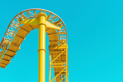 architecture, blue sky, clear sky, construction, industry, iron, outdoors, roller coaster, sky, steel, steel structure, blue, construction Industry, amusement park ride, amusement park, arts culture and entertainment, yellow, fun, rollercoaster, day, nature, low angle view, no people, carnival, copy space, metal, positive emotion, emotion, excitement, 4K, CC0, public domain, royalty free