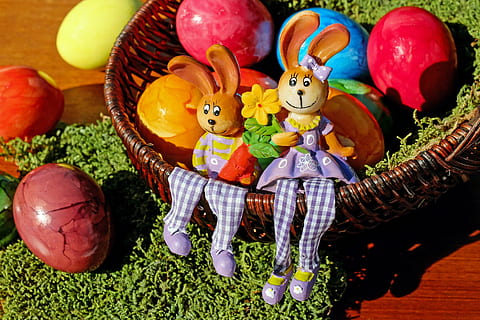 round wicker basket, assorted-color eggs, easter bunny, easter, figure, rabbit, sit, cheerful, basket, easter eggs, colorful, easter theme, funny, spring, decoration, celebration, cultures, tradition, holiday - event, indoors, childhood, pumpkin, full length, day, child, representation, food, holiday, easter egg, food and drink, no people, creativity, art and craft, multi colored, event, human representation, high angle view, 4K, CC0, public domain, royalty free