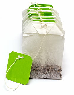 beverage, teabags, teas, green color, paper, white background, studio shot, no people, still life, indoors, cut out, bag, close-up, gift, container, food and drink, wrapped, food, freshness, shopping bag, string, high angle view, box - container, 4K, CC0, public domain, royalty free