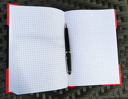 notebook, notes, black, open, pen, publication, book, no people, paper, white color, writing instrument, note pad, high angle view, directly above, blank, page, still life, close-up, indoors, day, table, education, message, 2K, CC0, public domain, royalty free