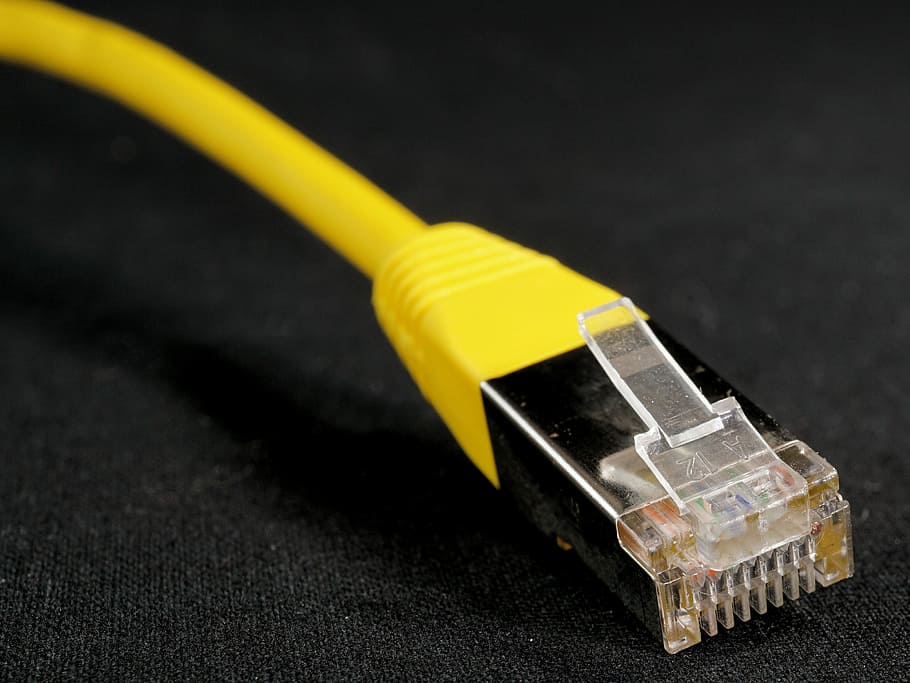 cable de lan groc, lan, cable, xarxa, connexió, suro, dades, tecnologia, Internet, comunicació, Ciències de la Computació, programació, digital, binari, creació de xarxes, ordinador, www, intercanvi de dades, calculadora, bits, sistema binari, espionatge, nul, endoll de connexió de xarxa, xarxa d’ordinadors, cable d’ordinador, tecnologia sense fils, sol objecte, cap gent, primer pla, groc, a l'interior, equipament, fons negre, tir de l'estudi, equips informàtics, centrar-se en primer pla, 2K