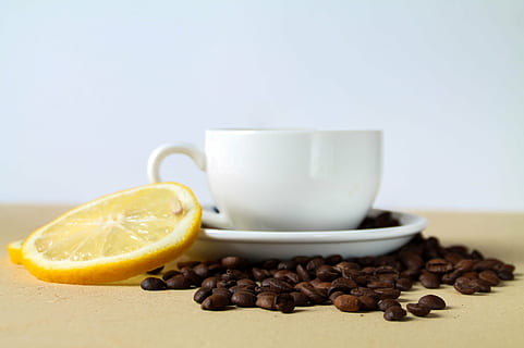 beans, café, coffee, cup, espresso, hot, lemon, mug, slice, tea, royalty  images, drink, brown, table, breakfast, freshness, food and drink, food, roasted coffee bean, fruit, healthy eating, refreshment, indoors, still life, citrus fruit, studio shot, copy space, no people, coffee - drink, close-up, coffee cup, hot drink, pitcher - jug, crockery, non-alcoholic beverage, 2K, CC0, public domain, royalty free