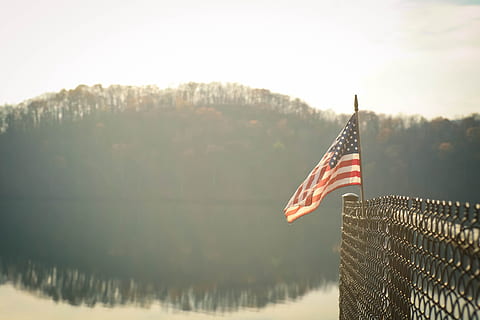 nature, trees, water, reflection, chicken, wire, fence, american, patriotism, flag, sky, striped, independence, no people, architecture, emotion, pride, freedom, environment, lake, outdoors, day, national icon, government, 5K, CC0, public domain, royalty free