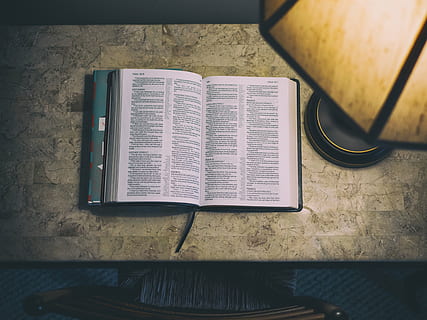 opened, book, brown, desk, photo, bible, white, ceramic, table, near, black, lamp, reading, study, light, indoors, no people, directly above, close-up, day, publication, high angle view, still life, paper, open, education, page, literature, activity, communication, home interior, pencil, technology, 4K, CC0, public domain, royalty free