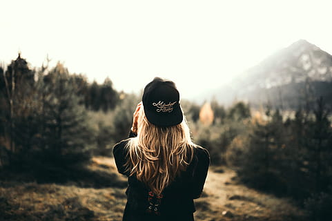 photo of woman, alone, back view, beautiful, cap, fashion, fog, forest, girl, hair, hat, landscape, light, model, mountain, nature, outdoors, park, person, scenic, travel, trees, woman, one person, standing, waist up, women, tree, hairstyle, young adult, clothing, sky, long hair, leisure activity, adult, sunlight, young women, land, lifestyles, day, 4K, CC0, public domain, royalty free