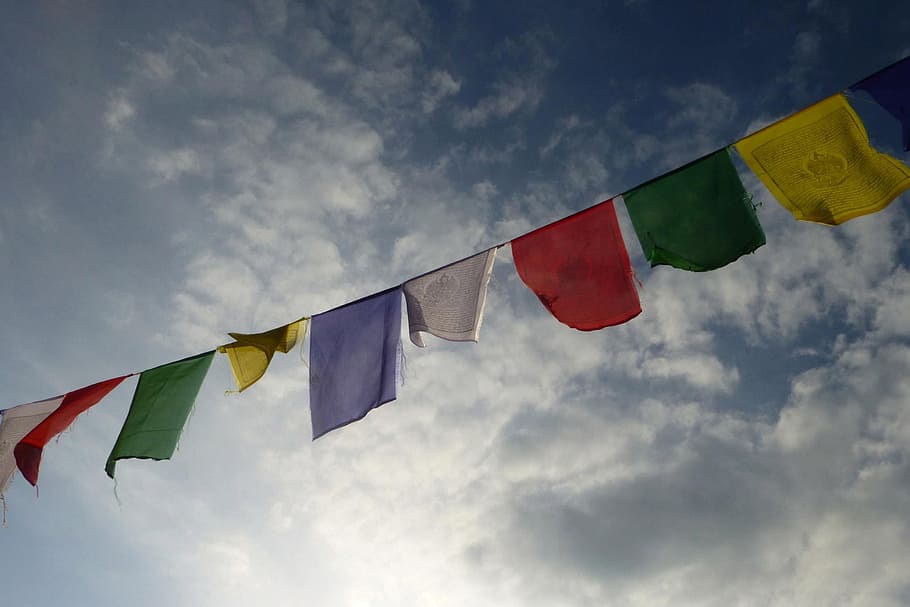 Zigolo dai colori assortiti, Basso, foto ad angolo, multicolore, zigoli, angolo basso, foto, verde, rosso, bandiera gialla, giorno, bandiera, cielo, emblema, vento, girandola, blu, all'aperto, celebrazione, nuvola - cielo, sospeso, patriottismo, Inquadratura dal basso, di fila, natura, nessuno, ambiente, variazione, scelta, forma, orgoglio, agitando, 1080P