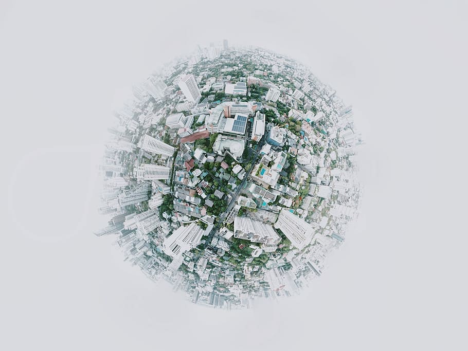 fotografování rybích očí, město, málo, zemské fotografie, výškové, budov, zeměkoule, koule, zelená, bílý, Šedá, příběh, sen, besty, rostlina, silnice, plocha počítače, iphone, imac, tapeta na zeď, čistý, sport, hudba, téma, široký úhel, architektura, digitální kompozitní, bílé pozadí, objektiv rybího oka, stavba, exteriér budovy, studio shot, nikdo, budova, Příroda, strom, panoráma města, mrakodrap, kancelářská budova exteriér, tvar, venku, 1080P