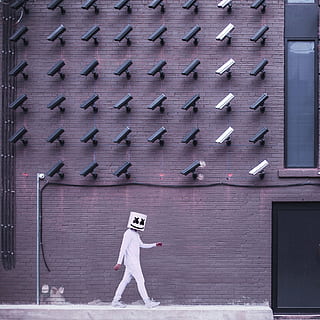 marshmello, standing, wall, man, white, black, mask, gray, filled, surveillance, camera, building, structure, cctv, security, window, people, clothing, attire, walking, costume, architecture, futuristic, adult, one person, outdoors, adults only, building exterior, only women, one woman only, full length, real people, built structure, day, women, child, childhood, casual clothing, wall - building feature, side view, city, leisure activity, 2K, CC0, public domain, royalty free