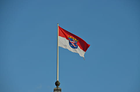 hesse, flag, wind, flutter, red, white, windy, regions, state chancellery, country flag, patriotism, sky, low angle view, blue, clear sky, nature, day, pole, no people, copy space, environment, waving, outdoors, symbol, freedom, shape, independence, national icon, 2K, CC0, public domain, royalty free