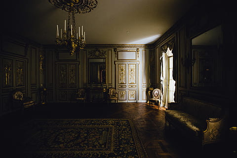 area rug, brown, parquet, inside, dark, room, chandelier, dim, interior, lamp, light, carpet, wall, indoors, architecture And Buildings, architecture, no People, old, home Interior, history, spooky, water, building, the past, built structure, ornate, art and craft, sculpture, flooring, architectural column, pattern, mansion, lighting equipment, travel destinations, wealth, design, luxury, ceiling, 5K, CC0, public domain, royalty free