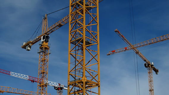 constructionsite, construction, crane, yellow, engineering, structure, steel, iron, architecture, building, sky, bluesky, city, urban, blue, crane - construction machinery, machinery, construction industry, construction site, industry, construction machinery, built structure, metal, nature, development, cloud - sky, no people, day, outdoors, business, tall - high, technology, equipment, alloy, industrial equipment, construction equipment, global communications, girder, 1080P, CC0, public domain, royalty free