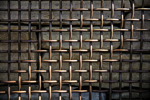brown metal fence, pattern, texture, grid, metal, stone, background, shadow, sunlight, fence, full frame, backgrounds, no people, indoors, rusty, repetition, close-up, in a row, design, wall - building feature, security, side by side, architecture, rod, grate, old, shape, arrangement, steel, wrought iron, 8K, CC0, public domain, royalty free