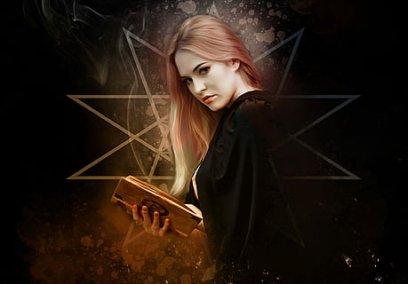 woman, wearing, black, coat, witch, gothic, goth, dark, portrait, female, young, beauty, model, darkness, mystery, mysterious, evil, halloween, horror, macabre, witchcraft, pentagram, esoteric, young adult, young women, one person, women, indoors, looking, beautiful woman, blond hair, waist up, adult, night, holding, communication, lifestyles, real people, illuminated, leisure activity, hair, hairstyle, sparks, black background, 2K, CC0, public domain, royalty free