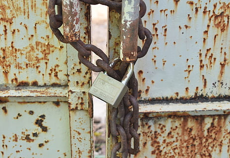 gate, lock, security, metal, door, entrance, vintage, padlock, rusty, old, safety, close-up, weathered, protection, no people, damaged, abandoned, decline, run-down, closed, deterioration, latch, 4K, CC0, public domain, royalty free
