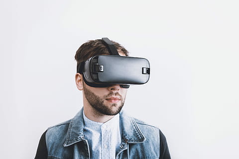 man, wearing, black, vr box headset, vr, virtual, virtual reality, technology, reality, digital, 3d, headset, device, entertainment, modern, goggles, glasses, tech, simulation, game, gadget, person, vision, futuristic, young, cyber, simulator, video, virtual reality simulator, wireless technology, studio shot, indoors, wearable computer, one person, front view, 3-d glasses, cyberspace, white background, innovation, hands-free device, casual clothing, connection, portrait, men, headshot, watching, 5K