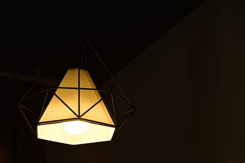 lamp, simple, geometry, lighting equipment, illuminated, electricity, electric lamp, low angle view, copy space, no people, night, indoors, dark, light, glowing, light - natural phenomenon, lamp shade, shape, electric light, hanging, pendant light, ceiling, domestic room, black background, 4K, CC0, public domain, royalty free