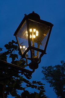 lanterna, vecchio, luce, sera, blu, crepuscolo, cielo, attrezzatura per l'illuminazione, illuminato, Inquadratura dal basso, pianta, albero, natura, strada, lampione, nessuno, elettricità, cielo sereno, notte, all'aperto, luce elettrica, raggiante, avvicinamento, lampada elettrica, 2K, CC0, dominio pubblico, privo di copyright