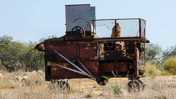 packing machine, old, rusty, machine, abandoned, agriculture, rural, cyprus, obsolete, nature, metal, damaged, plant, day, transportation, sky, field, run-down, mode of transportation, train, no people, train - vehicle, deterioration, decline, tree, outdoors, ruined, junkyard, 4K, CC0, public domain, royalty free
