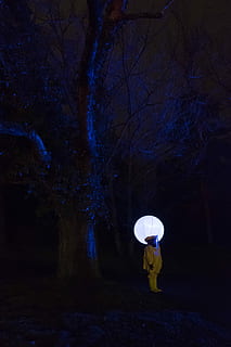 person, white, outfit, standing, leafless tree, nighttime, wearing, hazmat suit, tree, performance, outerspace, nature, outside, plant, one person, night, real people, lifestyles, full length, forest, land, rear view, illuminated, umbrella, outdoors, women, leisure activity, adult, beauty in nature, 4K, CC0, public domain, royalty free