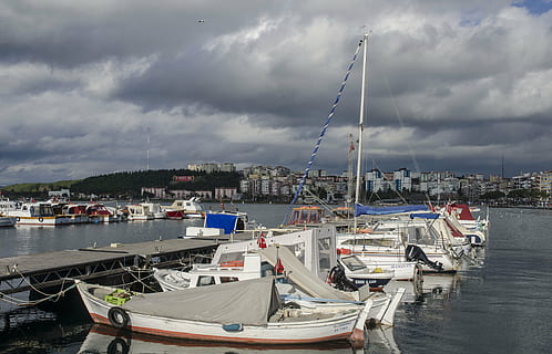 troy, sea, ship, berth, harbor, nautical Vessel, water, transportation, mode of transportation, cloud - sky, moored, sky, architecture, built structure, building exterior, nature, no people, city, pier, outdoors, sailboat, day, fishing industry, yacht, marina, 4K, CC0, public domain, royalty free