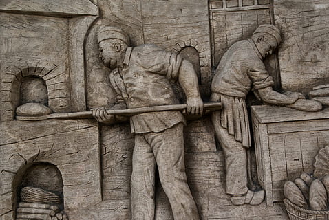 brown, two, bakers wall art, bakers, bakery, breads, artisans, oven, architecture, history, sculpture, art and craft, representation, human representation, craft, statue, creativity, the past, male likeness, religion, no people, carving - craft product, day, belief, built structure, spirituality, low angle view, place of worship, carving, ornate, 2K, CC0, public domain, royalty free