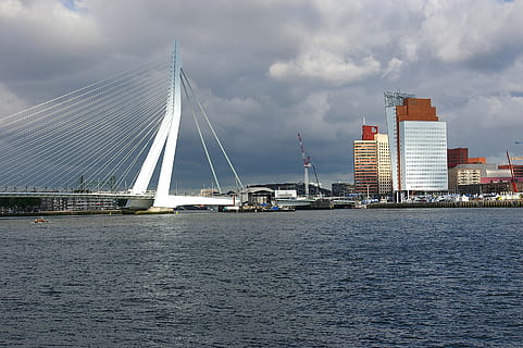 rhine, řeka, proud, most, rhine, řeka, visutý most, Holandsko, voda, mrakodrapy, architektura, mraky, nálada, Večerní světlo, stavba, most - mužská konstrukce, město, nábřeží, exteriér budovy, přeprava, nebe, mrak - nebe, Příroda, spojení, budova, destinace, cestovat, nikdo, moře, venku, moderní, panoráma města, plachetnice, 2K, CC0, veřejná doména, bez autorských práv