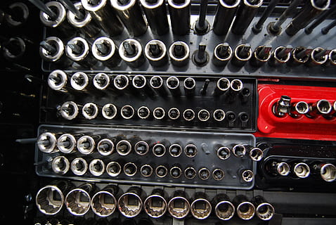 gray, metal socket, set, toolbox, socket, repair, tool, automotive, maintenance, chrome, mechanical, wrench, mechanic, equipment, auto, car, workshop, text, no people, communication, indoors, technology, full frame, close-up, metal, old, number, backgrounds, retro styled, western script, antique, in a row, typewriter, order, large group of objects, the past, push button, 4K, CC0, public domain, royalty free