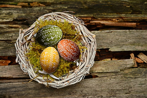 gul, grønn, rød, påskeegg, brun, fuglerede, påske nest, påske, rede, egg, påske dekorasjon, påske tema, fargerike egg, mat, mat og Drikke, tre - materiale, kurv, friskhet, ingen folk, spise sunt, container, frukt, bord, stilleben, velvære, høy vinkel visning, innendørs, nærbilde, natur, feiring, grønnsak, fristelse, 5K, CC0, offentlig domene, opphavsrett gratis