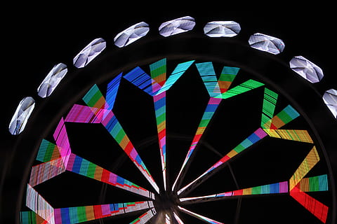 amusement, park, wheel, fun, kids, colors, travel, barcelona, holiday, circus, multi colored, no people, shape, black background, studio shot, close-up, design, pattern, creativity, geometric shape, futuristic, vibrant color, three dimensional, abstract, shiny, metal, city, circle, indoors, modern, chrome, digital composite, 5K, CC0, public domain, royalty free