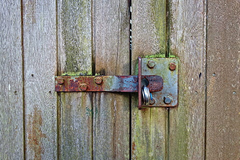 lock, latch, rusty, rusty latch, padlock, door, wall, wooden wall, planks, security, safety, locked, entrance, no entry, mold, green mold, wood - material, protection, metal, old, close-up, no people, closed, day, weathered, outdoors, full frame, backgrounds, deterioration, safety equipment, 4K, CC0, public domain, royalty free