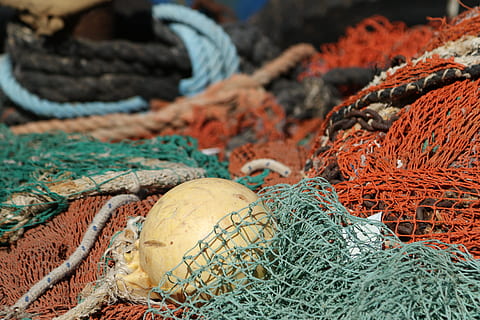 tali, benang, jaringan, templat, web, jaring ikan, penangkapan ikan, tidak ada orang, jaring ikan komersial, industri perikanan, merapatkan, pelampung, fokus pada latar depan, hari, masih hidup, di luar rumah, tongkat, pola, kusut, bingkai penuh, pelabuhan, peralatan, kompleksitas, warna oranye, 5K, CC0, domain publik, bebas royalti