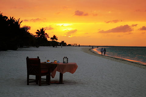 marron, en bois, fauteuil, table, rivage, d'or, heure, le coucher du soleil, plage, personnages, palmiers, Maldives, mer, Voyage, la côte, la nature, le sable, océan, horizontal, idyllique, le soleil, ferie, des nuages, ciel, du repos, vue, spacer, jaune, Orange, bureau, para, océan Indien, recours, paradis, terre, eau, couleur orange, beauté dans la nature, chaise, arbre, paysages - nature, tranquillité, horizon au-dessus de l'eau, siège, nuage - ciel, horizon, scène tranquille, climat tropical, en plein air, 5K, CC0, domaine public, libre de droits