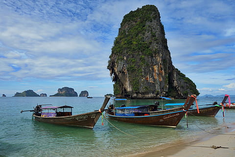 coast of thailand, Coast, Thailand, nature, nautical Vessel, sea, beach, krabi, andaman Sea, asia, island, travel, vacations, coastline, landscape, travel Destinations, cultures, sand, tropical Climate, longtail Boat, sky, tourism, summer, seascape, water, longtail, scenics, blue, phuket Province, outdoors, rock - object, moored, transportation, mode of transportation, land, cloud - sky, beauty in nature, scenics - nature, rock formation, rock, mountain, day, tranquility, no people, horizon over water, formation, mountain peak, 4K