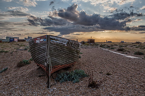 wide, angle landscape shot, old, fishing boat, beach, sunset, england., captured, canon dslr, Wide angle, landscape, shot, on the beach, Dungeness, Kent, England, Image, Canon, DSLR, nature, boat, coast, no People, outdoors, cloud - sky, sky, architecture, built structure, building exterior, land, building, transportation, city, dramatic sky, field, container, scenics - nature, tranquility, cityscape, skyscraper, 4K