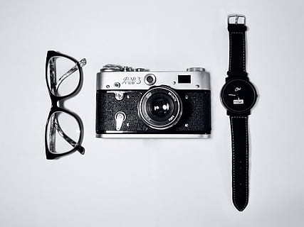 gray, black, milc camera, beside, watch, eyeglasses, white, background, frame, land, camera, round, analog, objects, accessories, old-fashioned, old, white background, retro styled, photography themes, studio shot, single object, no people, music, close-up, technology, indoors, nostalgia, still life, camera - photographic equipment, communication, antique, lens - optical instrument, text, number, healthcare and medicine, equipment, 2K, CC0, public domain, royalty free