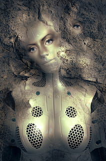fantaisie, Android, pierre, femelle, artificiel, scifi, composition, montage photo, mystique, surréaliste, mystérieux, contes de fées, mysticisme, rêver, la magie, lumière, atmosphérique, monde imaginaire, couverture de livre, couverture, ambiance, fiction, ouvrages d'art, rêves, Contexte, belle, élégant, noble, femme, visage, corps, métal, d'or, figure, métallique, brillant, amical, art numérique, Humain, Créatif, art, rocheux, Steinig, moderne, à l'intérieur, composite numérique, personnes, mode, fermer, portrait, partie du corps, représentation humaine, partie du corps humain, photo du visage, prise de vue en studio, femmes, jeune adulte, visage humain, Vrais gens, vue de face, regarder la caméra, représentation, belle femme, couleur argentée, contemplation, 4K