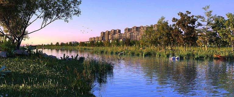 Gebäude, Animation, Single, Rahmen, ein einzelner Frame, Natur, See, Reflexion, Wasser, Landschaft, Baum, draußen, szenen, Himmel, Blau, ruhige Szene, Sommer-, Pflanze, die Architektur, Stadt, Gebäudehülle, Schönheit in der Natur, keine Leute, gebaute Struktur, Szenen - Natur, Dämmerung, 1080P, CC0, gemeinfrei, lizenzfrei
