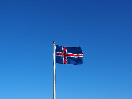 flag, iceland, flutter, blue, white, red, wind, patriotism, sky, low angle view, clear sky, nature, copy space, environment, day, pole, waving, no people, striped, outdoors, national icon, emotion, independence, 5K, CC0, public domain, royalty free