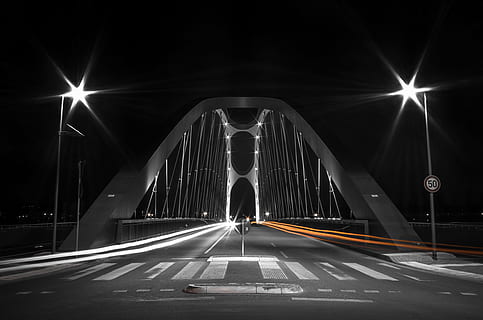 architecture, bridge, structure, pole, lights, pedestrian, road, dark, transportation, built structure, night, the way forward, connection, illuminated, direction, city, motion, sign, bridge - man made structure, symbol, road marking, arch, marking, diminishing perspective, outdoors, 4K, CC0, public domain, royalty free