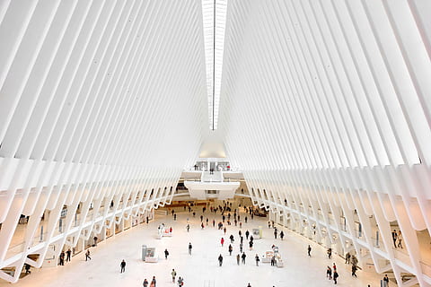 architectural, photo, white, triangular, building, interior, architecture, infrastructure, people, crowd ,shopping, mall, business, built structure, group of people, real people, large group of people, crowd, building exterior, men, day, modern, incidental people, travel, tourism, travel destinations, city, lifestyles, adult, women, ceiling, architectural column, 5K, CC0, public domain, royalty free