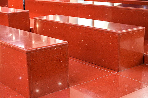 red, bench, sit, rest, full frame, backgrounds, indoors, no people, tile, flooring, high angle view, close-up, pattern, shape, geometric shape, architecture, seat, built structure, still life, in a row, large group of objects, staircase, design, tiled floor, 2K, CC0, public domain, royalty free