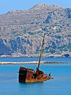 ship, ship wreck, wreck, sea, misfortune, scrap, setting, water, accident, stainless, nautical vessel, shipwreck, transportation, abandoned, mode of transportation, nature, no people, mountain, day, land, damaged, deterioration, waterfront, scenics - nature, decline, run-down, outdoors, ruined, sailboat, sinking, 2K, CC0, public domain, royalty free