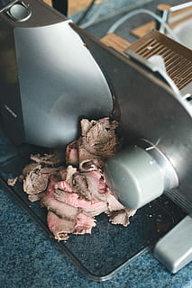 cutting roastbeef, Cutting, roastbeef, beef, cooking, meat, process, food, freshness, human body part, indoors, laboratory, human hand, people, butcher, high angle view, no people, close-up, still life, appliance, preparation, nature, metal, food and drink, selective focus, machinery, household equipment, broken, container, man made object, focus on foreground, day, 5K, CC0, public domain, royalty free